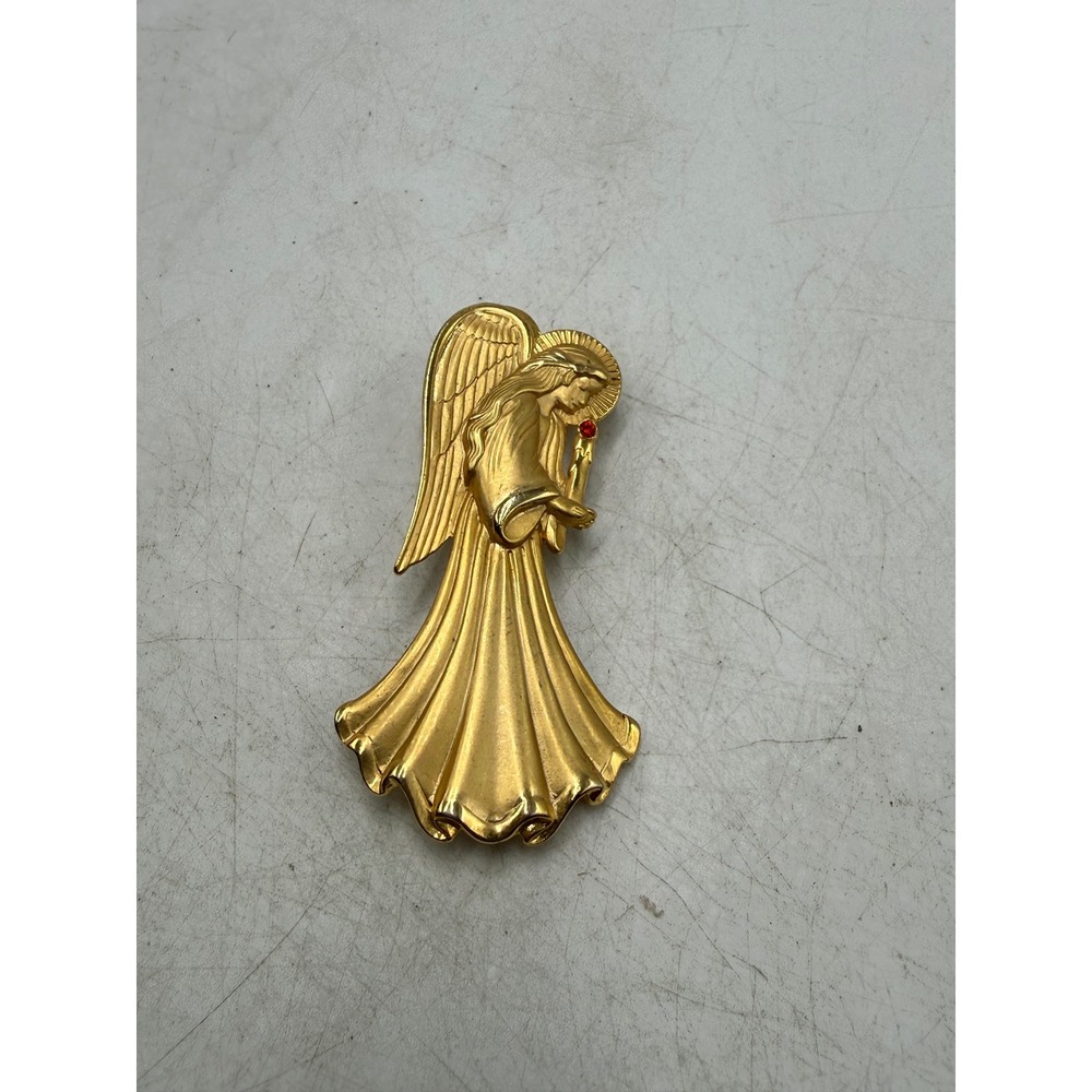 Vintage JJ Jonette Jewelry Gold Tone Angel Candle Brooch Pin Red Rhinestone